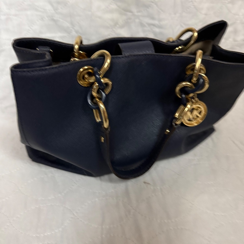 Michael Kors Cynthia Satchel Navy Blue Saffiano Leather Gold Chain Handbag